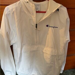 Champion White Hooded Windbreaker with Blue Logo